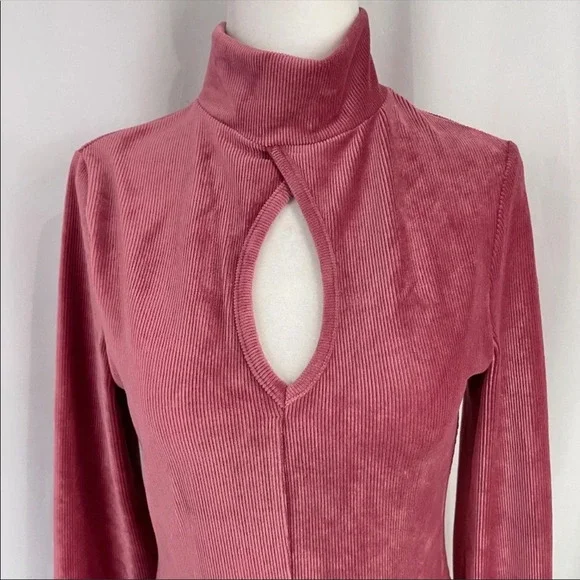 Dual Nature Keyhole Rib Velour Dress Mock Neck Long Sleeve Mini Mauve XS - Picture 4 of 5